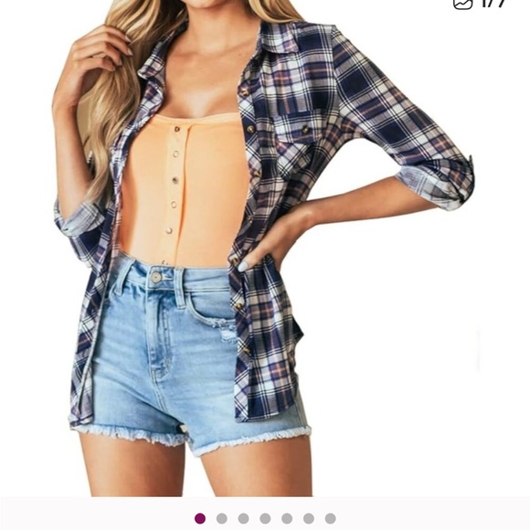 Passport Tops - Passport Womens Blue & White Plaid Button-Up Shirt Size L flannel fall shirt